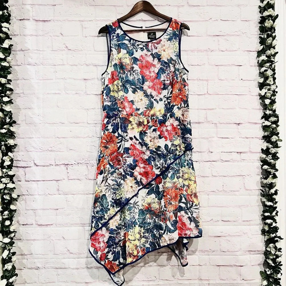 Adrianna Papell Floral Print‎ Asymmetrical Fit & Flare Dress Size 14W Sleeveless - Picture 2 of 12